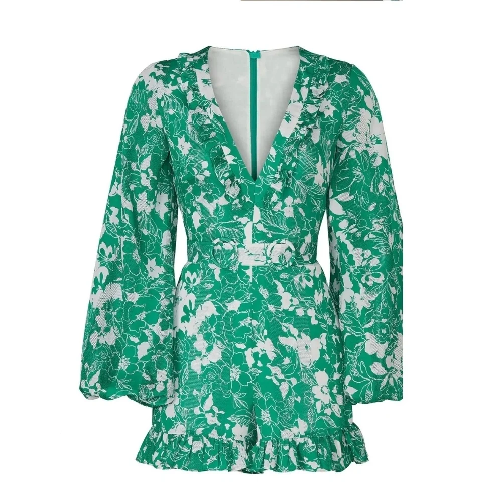 Alexis Cerca Green Floral romper with puff sleeves Size XL
